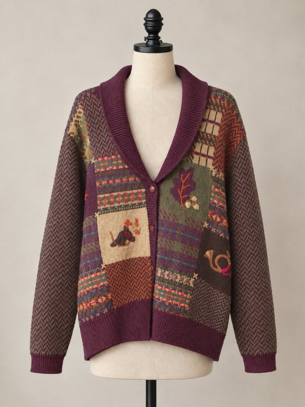 Vintage 90s Susan Bristol Wool Cardigan Sweater M Fall Equestrian Patchwork